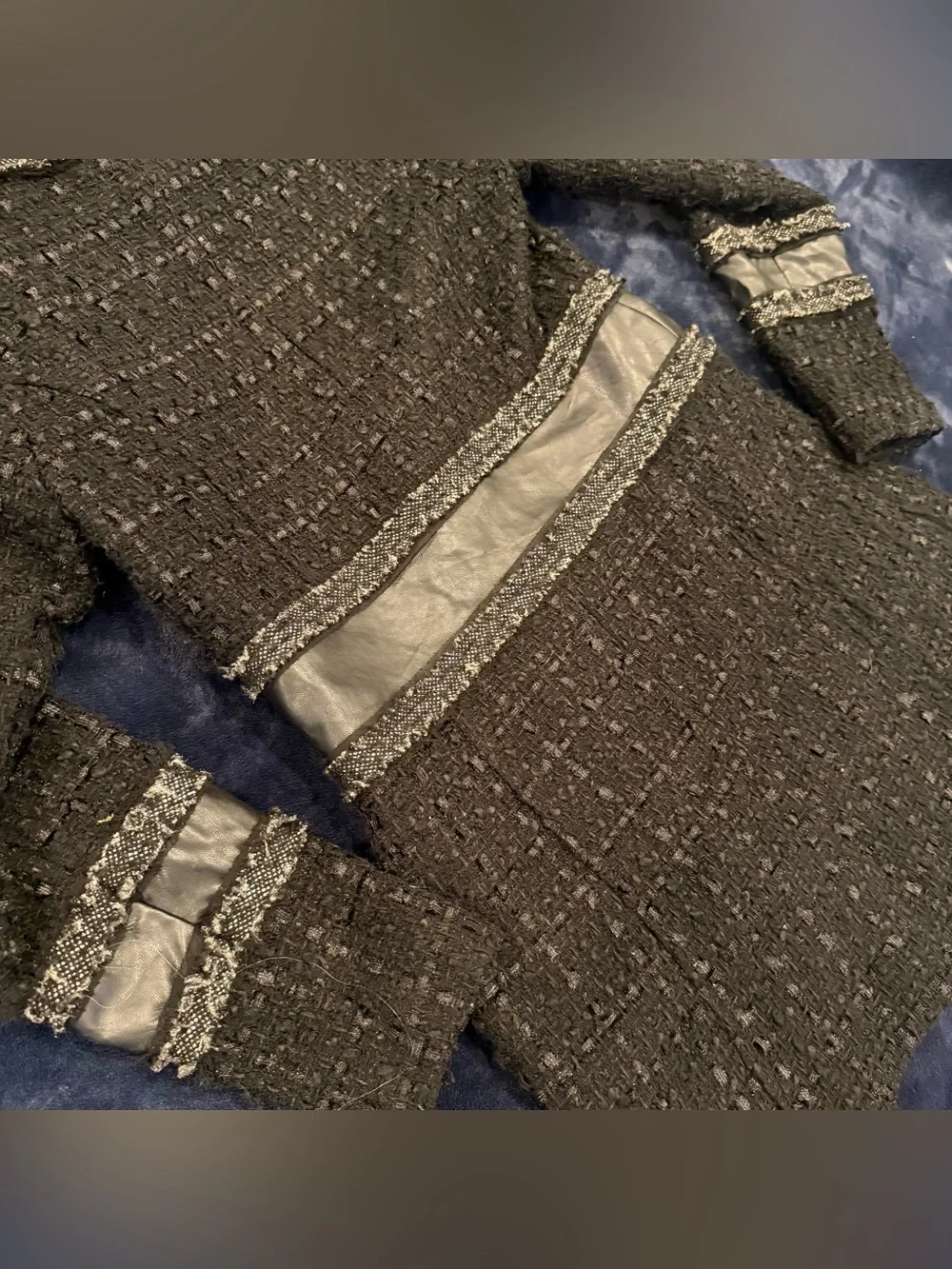 Laundry By Shelli Segal Black Tweed Zip-Front Blazer with faux Leather Trim